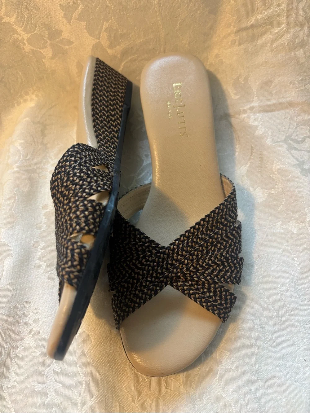Eric Javits Black and Tan Woven Wedge Sandals, Size 65N